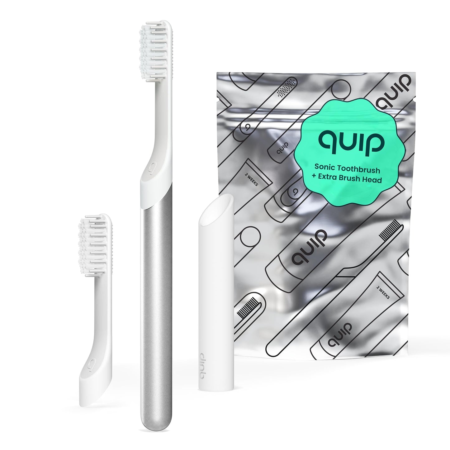 Quip Sonic Toothbrush for Adults with Timer - Includes Extra Brush Head and Travel Cover Mount - Electric, Soft Bristle Refill Head, Metal Handle, 3 Month Battery Life - Travel Toothbrush - Silver