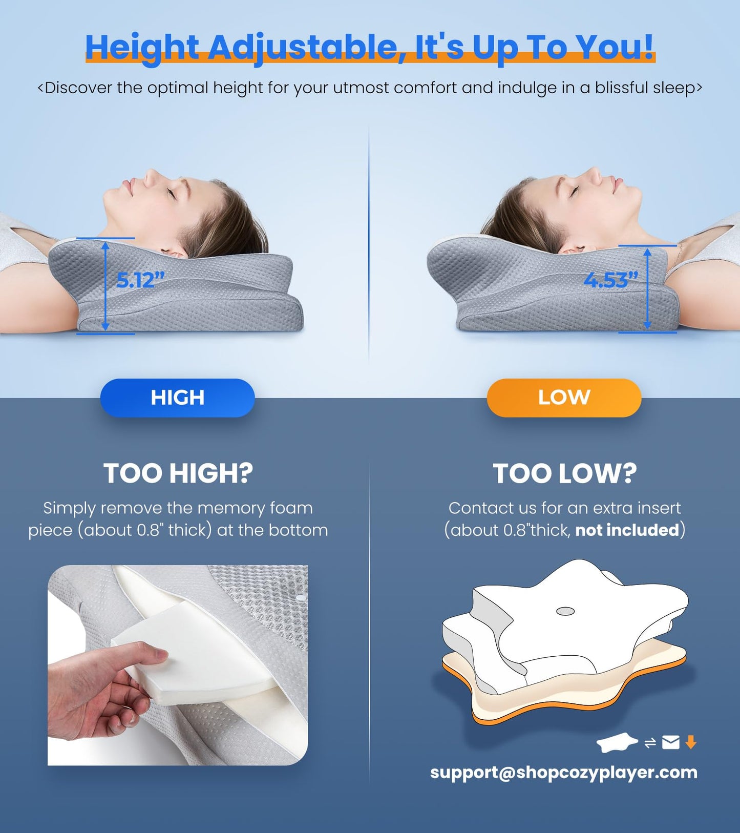 Ultra Pain Relief Cooling Pillow for Neck Support, Adjustable Cervical Pillow Cozy Sleeping, Odorless Ergonomic Contour Memory Foam Pillows, Orthopedic Bed Pillow for Side Back Stomach Sleeper