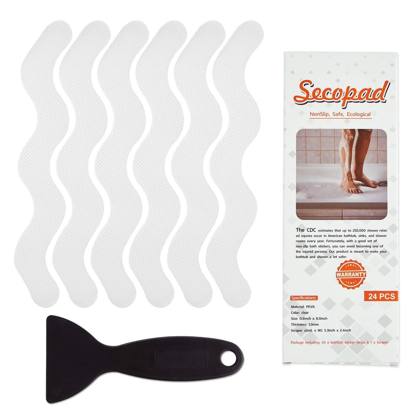 Secopad Patented Anti Slip Shower Stickers 24 PCS Safety Bathtub Strips Adhesive Decals with Premium Scraper for Bath Tub Shower Stairs