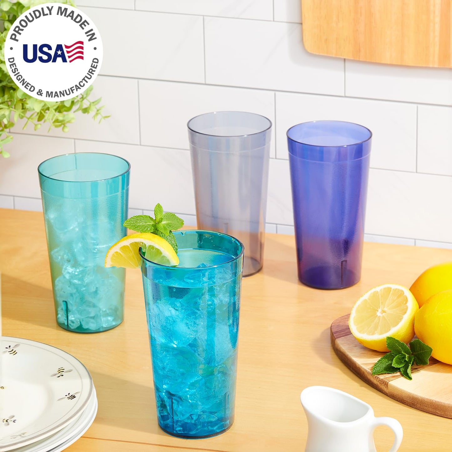 US Acrylic Cafe Plastic Reusable Tumblers (Set of 16) 20-ounce Water Cups Coastal Colors | Restaurant Style Drinking Glasses Value Set, Stackable, BPA-free, Made in the USA | Top-rack Dishwasher Safe