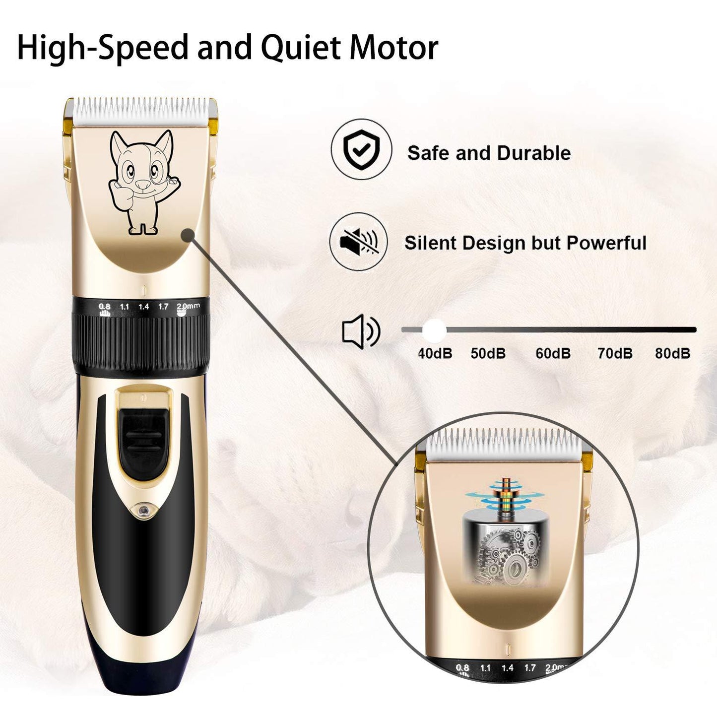 Dog Grooming Kit Clippers, Low Noise, Electric Quiet, Rechargeable, Cordless, Pet Hair Thick Coats Clippers Trimmers Set, Suitable for Dogs, Cats, and Other Pets (Gold)