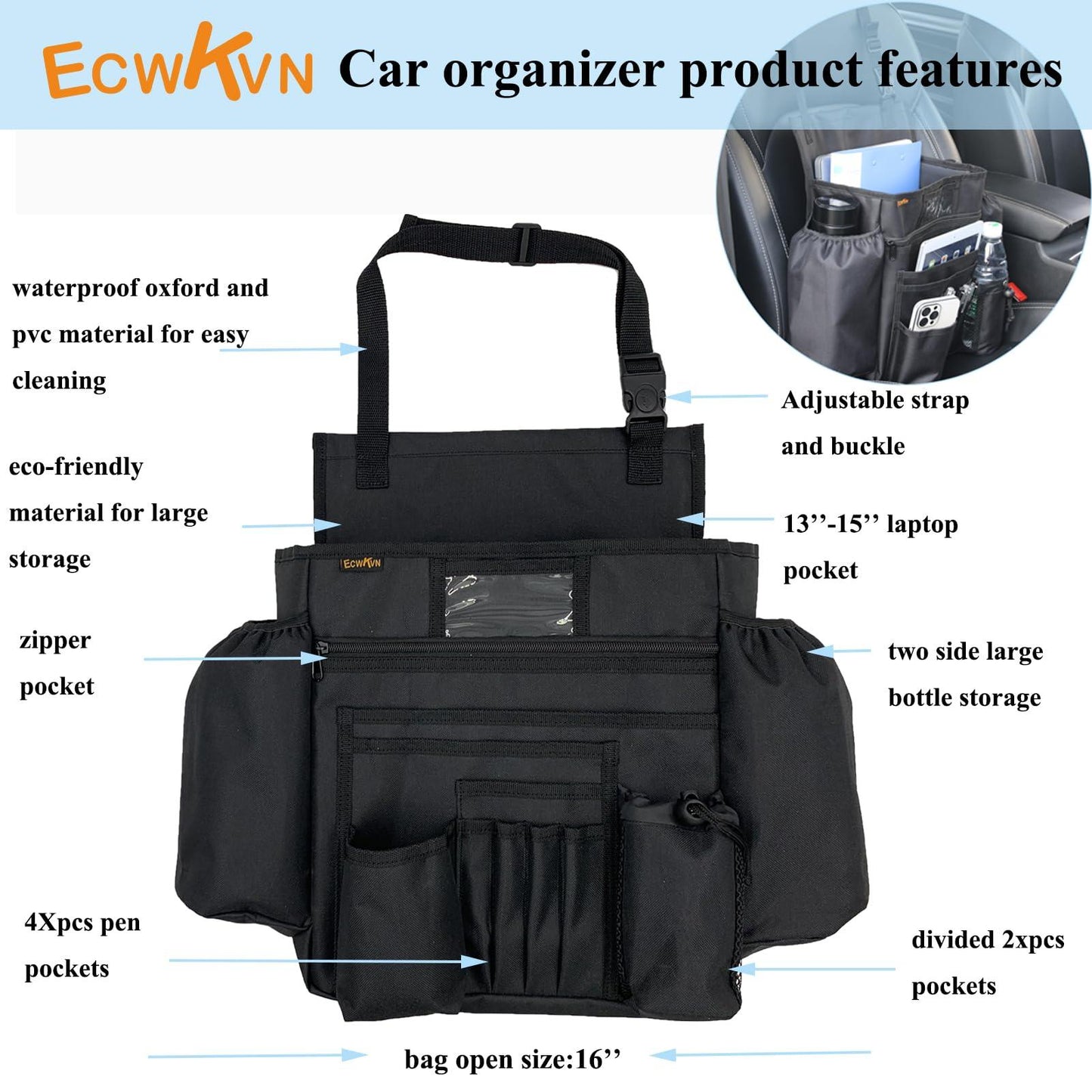 ECWKVN Front Seat Organizer, Passenger Seat File Organizer with Dedicated Laptop Tablet Holder Cup Holder For Car, Law Enforcement - Vehicle, Black