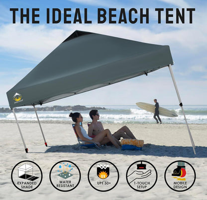 CROWN SHADES 10x10 Pop Up Canopy - Beach Tent with One Push Setup - Easy Outdoor Sun Shade for Events, Parties, Camping - Gazebo with STO-N-Go Cover Bag, Silver Coated Top, Grid Grey