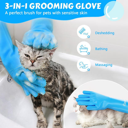 Pecute Pet Grooming Gloves - Heat Resistant Silicone Gloves with High-Density Teeth, Enhanced Five Finger Design for Bathing and Massaging Dogs and Cats, Blue