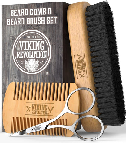 Viking Revolution Natural Boar Bristle Brush and Pear Wood Comb Set for Men - Dual Action Grooming for Beards and Mustaches with Velvet Travel Pouch