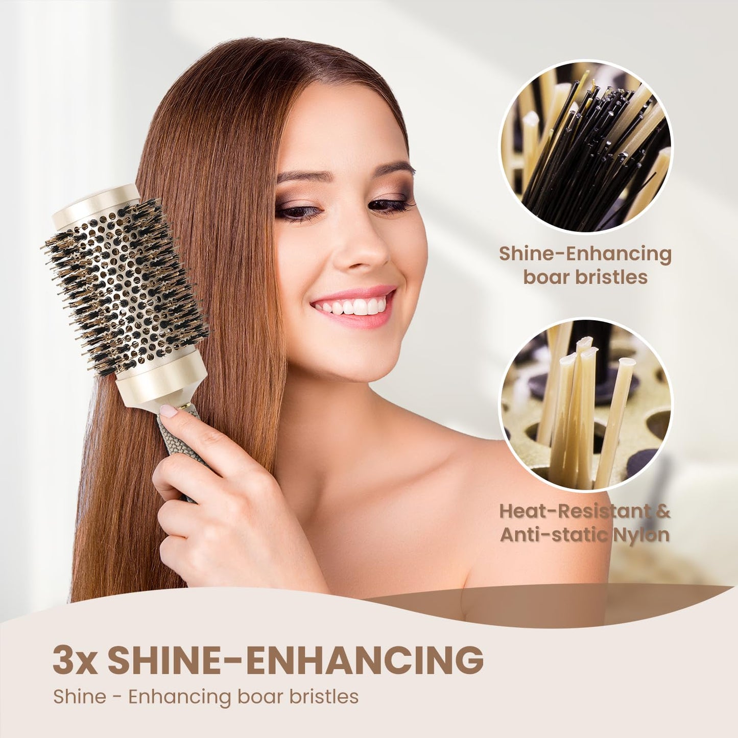 AIMIKE Round Hair Brush, Nano Thermal Ceramic & Ionic Tech, 2.1 Inch Barrel with Boar Bristles for Enhanced Texture, Golden, Hair Drying, Styling, Curling and Shine + 4 Free Clips