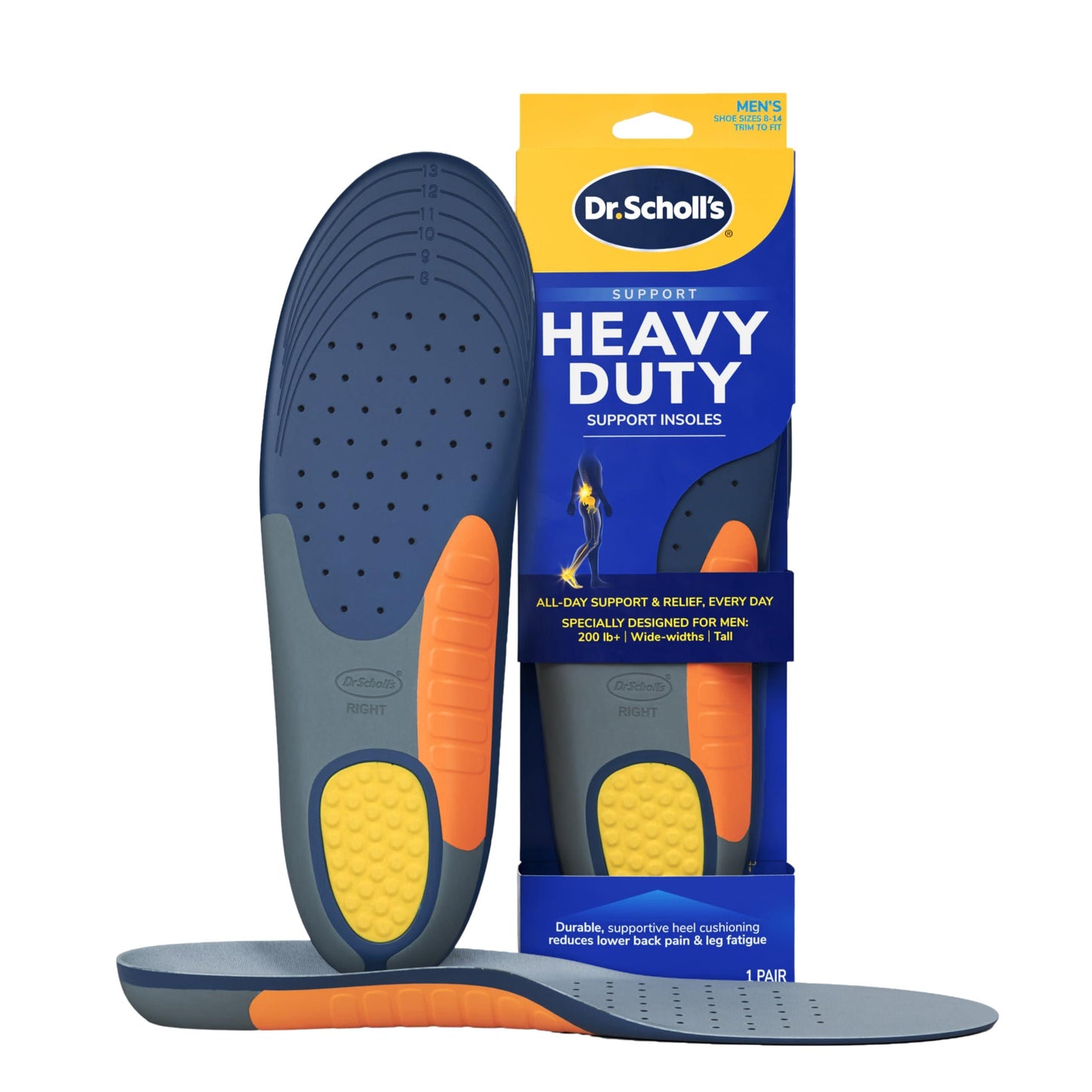 Dr. Scholl's Heavy Duty Support Insole Orthotics, Big & Tall, 200lbs+, Wide Feet, Shock Absorbing, Arch Support, Distributes Pressure, Trim to Fit Inserts, Work Boots & Shoes, Men Size 8-14, 1 Pair