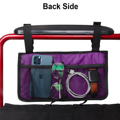 Wheelchair Side Bag, Armrest Storage Pouch with Cup Holder and Reflective Strip for Wheelchairs, Walkers or Rollators (Purple)