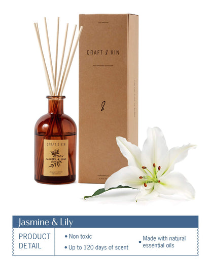 Jasmine & Lily Reed Diffuser | Includes All Natural Essential Oil & 8 Rattan Scent Sticks | Reed Diffuser Set for Bathroom | Reed Diffusers for Home | Long Lasting Home Fragrance in Amber Glass-5.75oz