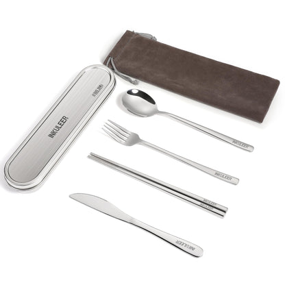 INKULEER Travel Cutlery Set - 18/8 Stainless Steel Reusable Utensils with Metal Case, Portable Silverware for Camping, Office, Travel & Outdoor Dining