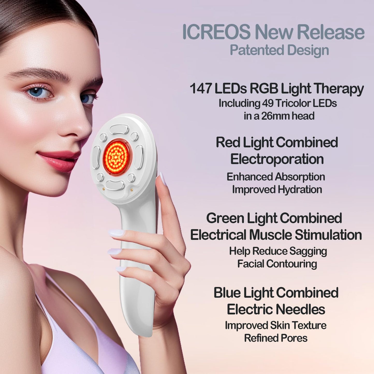 ICREOS Red Light Therapy for Face and Body Wand Amplified with 147 LEDs in 26mm Head Microcurrent Device for Wrinkles Reducing Firming Lifting, Ideal Gift for Family Friends and Loved Ones, Pink