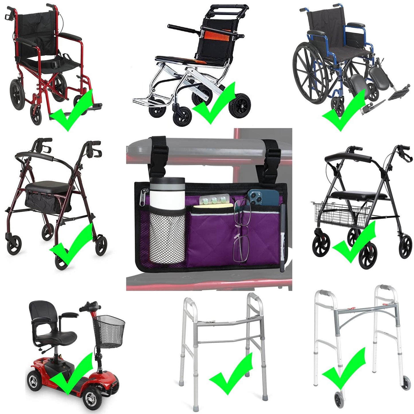 Wheelchair Side Bag, Armrest Storage Pouch with Cup Holder and Reflective Strip for Wheelchairs, Walkers or Rollators (Purple)