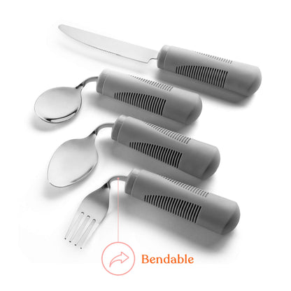 Special Supplies Adaptive Utensils (4-Piece Kitchen Set) Weighted, Non-Slip Handles for Hand Tremors, Arthritis, Parkinson’s Elderly use - Stainless Steel Knife, Fork, Spoons (Grey)