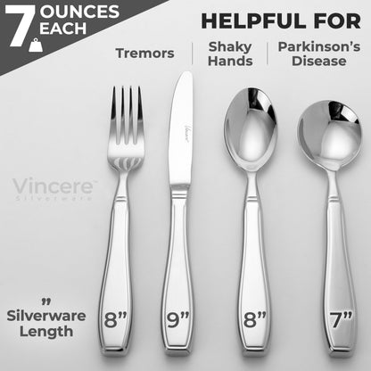 Weighted Utensils for Tremors and Parkinsons, Heavy Weight Stainless Steel Silverware Set, Adaptive Eating Flatware Helps Hand Tremors, Parkinsons Aids for Living, Arthritis - Knife, Fork, Spoons, 7oz