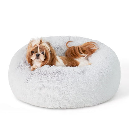 Bedsure Calming Dog Bed for Small Dogs - Donut Washable Small Pet Bed, 23 inches Anti-Slip Round Fluffy Plush Faux Fur Large Cat Bed, Fits up to 25 lbs Pets, Frost Grey