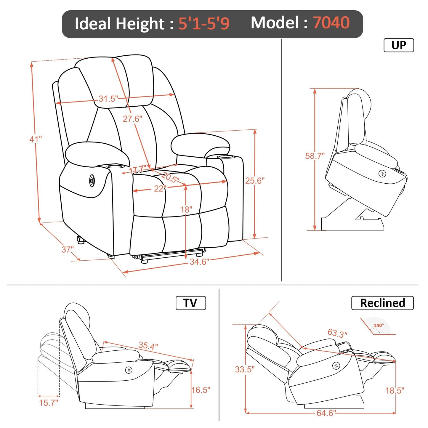 MCombo Electric Power Lift Recliner Chair Sofa with Massage and Heat for Elderly, 3 Positions, 2 Side Pockets, and Cup Holders, USB Ports, Faux Leather 7040 (Cream White, Medium)