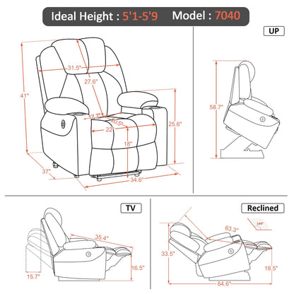 MCombo Electric Power Lift Recliner Chair Sofa with Massage and Heat for Elderly, 3 Positions, 2 Side Pockets, and Cup Holders, USB Ports, Faux Leather 7040 (Cream White, Medium)