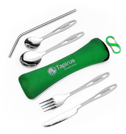 Tapirus Camp Utensils To Go | 6-piece Portable Set | Durable Stainless Steel | Light Weight Silverware With Waterproof Carrying Case | Ideal Equipment For Your Meal On The Go | Carabiner Included