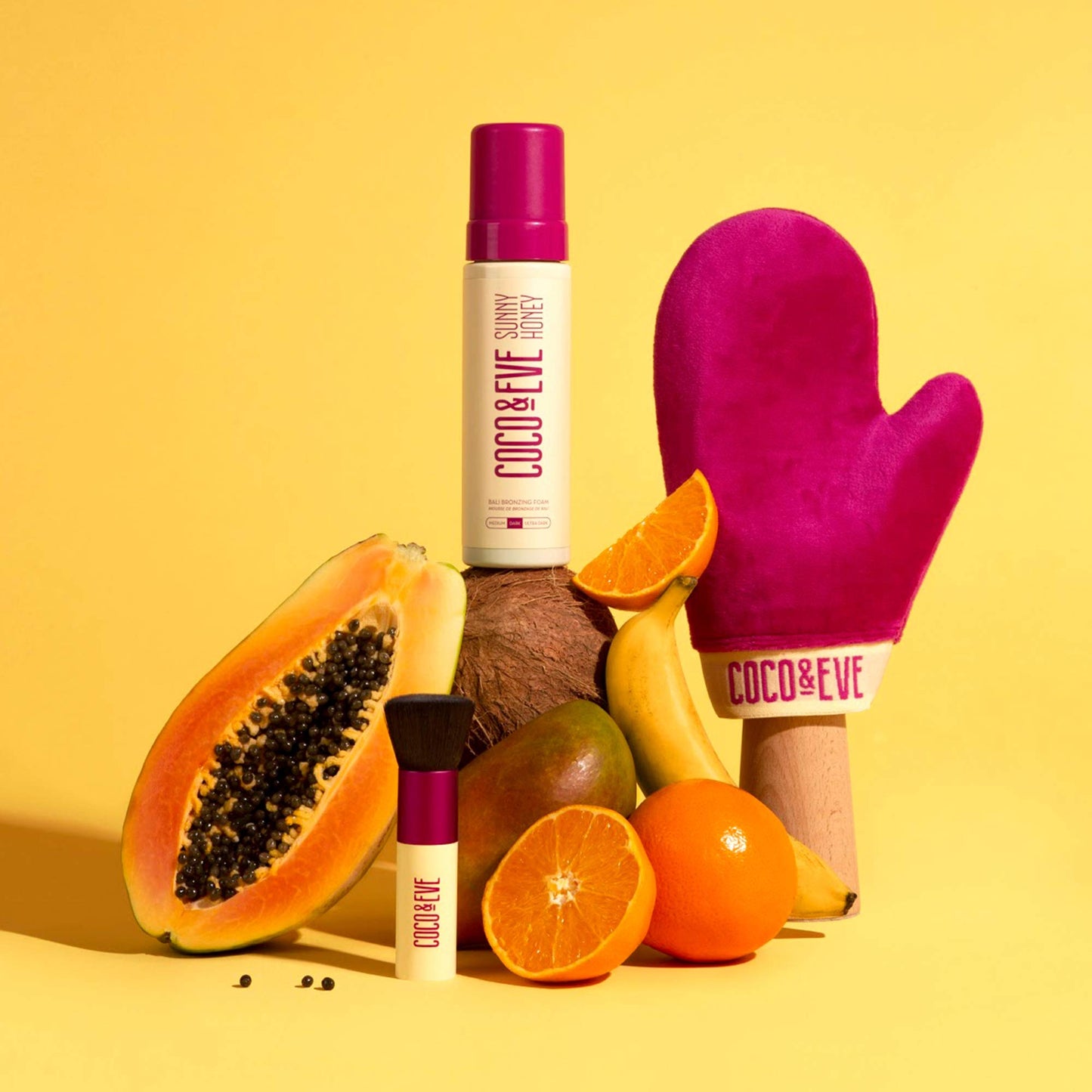 Coco & Eve Sunny Honey Bali Bronzing Bundle (Dark). All Natural Sunless Tanning Mousse. Instant Self Tanning Lotion with Bronzer, Mitt Applicator and Kabuki Brush.