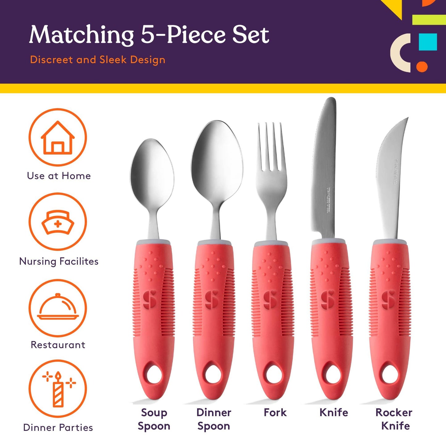 Special Supplies Adaptive Utensils (5-Piece Kitchen Set) Wide, Non-Weighted, Non-Slip Handles for Hand Tremors, Arthritis, Parkinson’s or Elderly Use (Red)