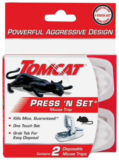 Tomcat Press 'N Set Mouse Trap, Plastic, Spring-Loaded Mouse Killer with Grab-Tab, 2 Traps