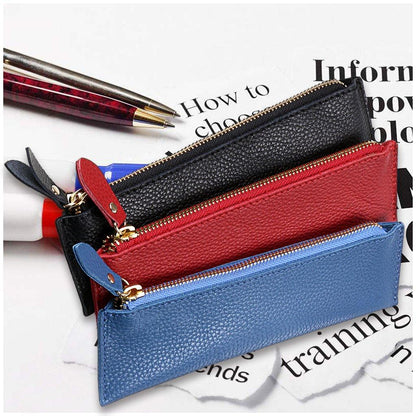 BTSKY Genuine Leather Pencil Case - Zippered Pen Case Stationery Bag Zipper Pouch Pencil Holder(Blue)