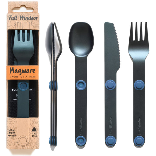 FULL WINDSOR - MAGWARE Magnetic Camping Cutlery Set - Travel Utensils for Camping, Cooking, and Outdoor Dining - Knife, Fork & Spoon - Portable Silverware with Pouch - Blue (3 PCS)