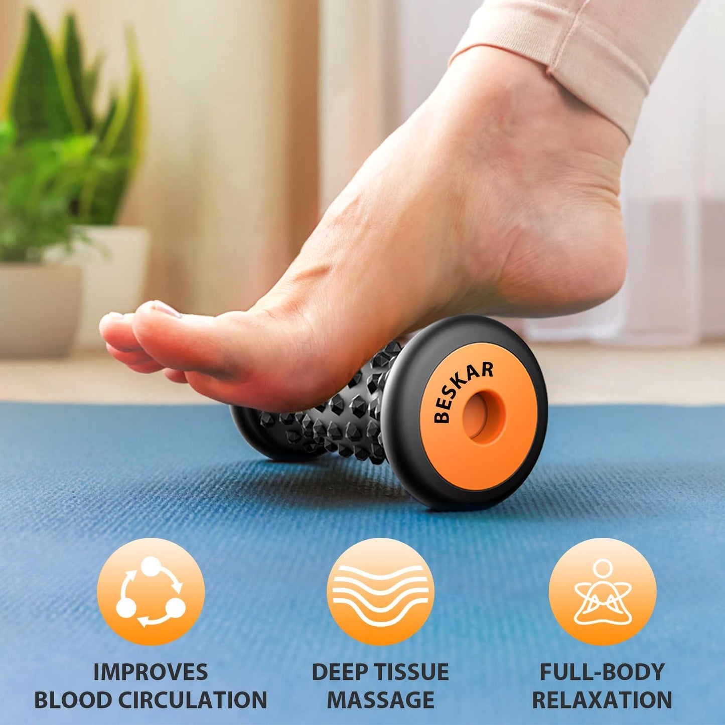 BESKAR Foot Massager Roller for Plantar Fasciitis Relief, Portable, Deep Tissue Muscle Massage, Foot Arch and Heel Pain, Reflexology Tool