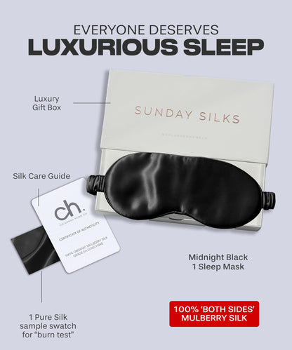 SUNDAYSILKS™ Exclusive Mulberry Silk Sleep Mask | Soft Eye Covers, Blackout Sleeping Mask for Women & Men | Silk Eye Mask for Sleep, Travel, and Relaxation | Antifaz para Dormir [Midnight Black]