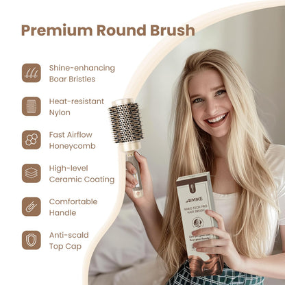 AIMIKE Round Hair Brush, Nano Thermal Ceramic & Ionic Tech, 2.1 Inch Barrel with Boar Bristles for Enhanced Texture, Golden, Hair Drying, Styling, Curling and Shine + 4 Free Clips