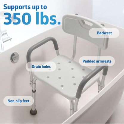 Medline Shower Chair Seat with Padded Armrests and Back | Heavy Duty Shower Chair for Bathtub | Slip Resistant Shower Seat with Adjustable Height | Shower Chair for Inside Shower with 350 lb Capacity