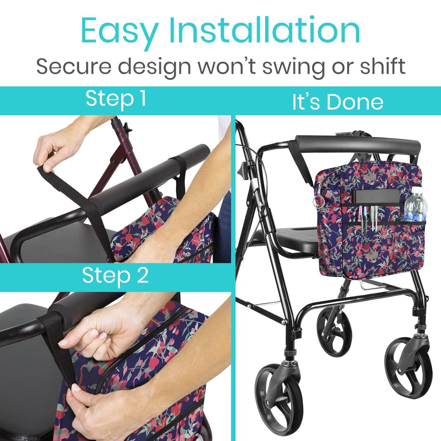 Vive Bag for Wheelchairs & Walkers - Machine Washable, Double-Stitched, Water-Resistant Accessory Backpack for Rollators, Wheelchairs, Walkers - Pouch with XL Pockets & Straps for Quick Installation