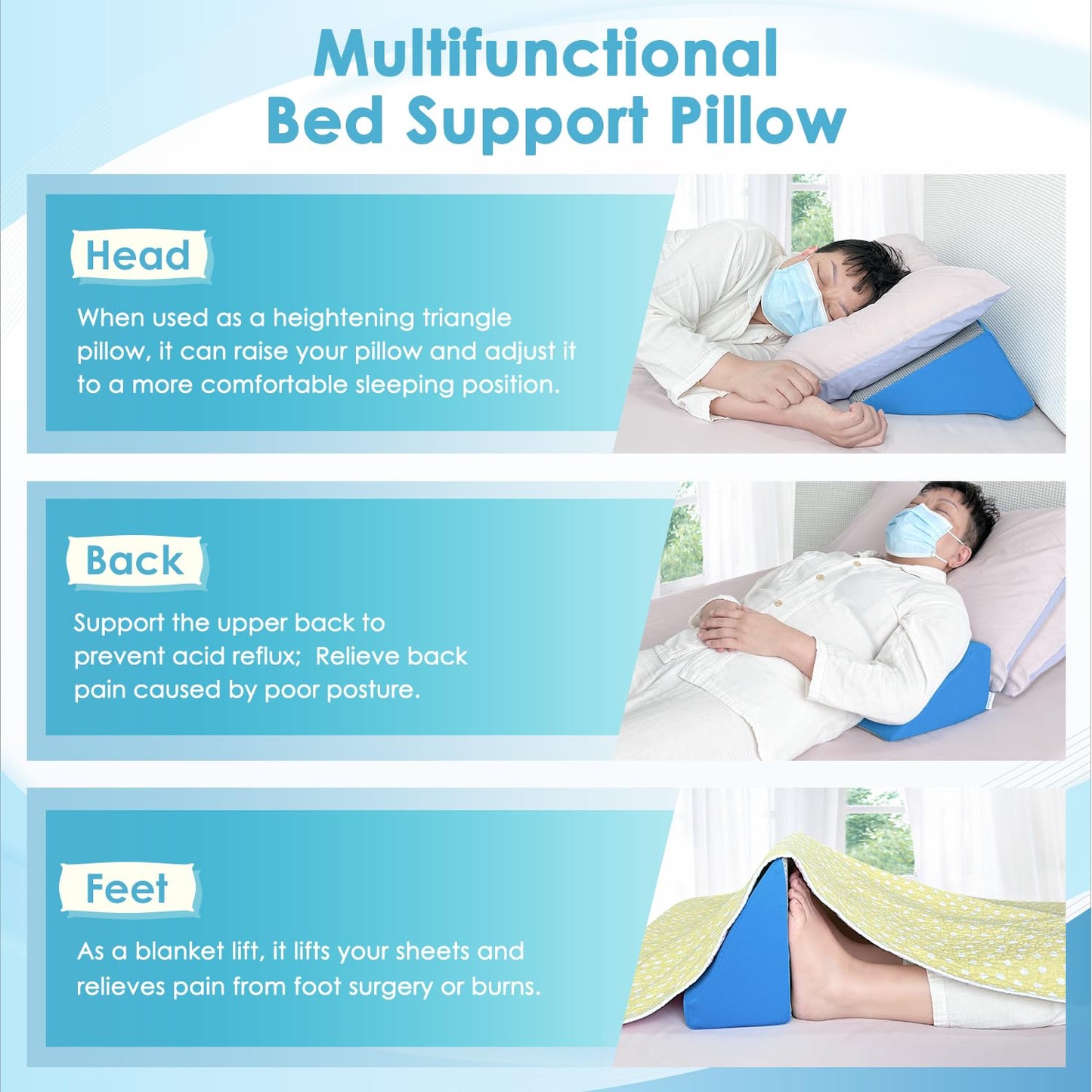 Bed Wedge Pillow For Sleeping Seniors Post Surgery Incline Pillow Bedsore Pressure Relief Cushions For Butt Lifting Patient Turning Triangle Foam Wedges For Bed Positioning Body Back Support (Blue)