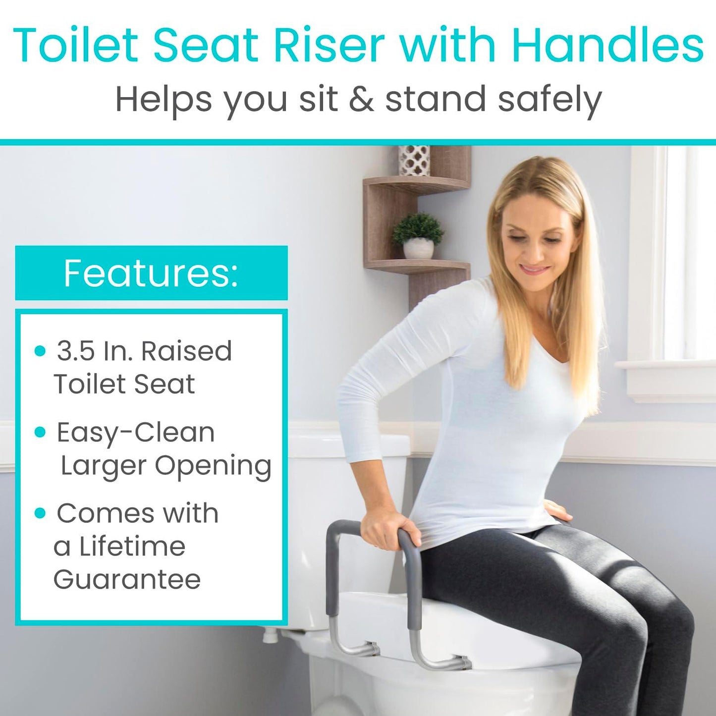 Vive Toilet Seat Risers for Seniors (Raised with Handles) Grab Bar Seat for Seniors - Options for Elongated & Standard Bowls - Elderly Handicap Medical Hip Replacement Surgery Lift, Easy Clean, White