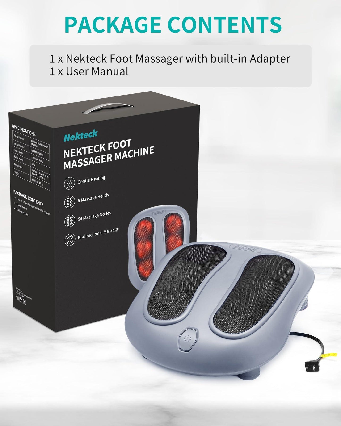 Nekteck Foot Massager with Heat, Shiatsu Heated Electric Kneading Foot Massager Machine for Plantar Fasciitis, Built-in Infrared Heat Function and Power Cord(Gray)