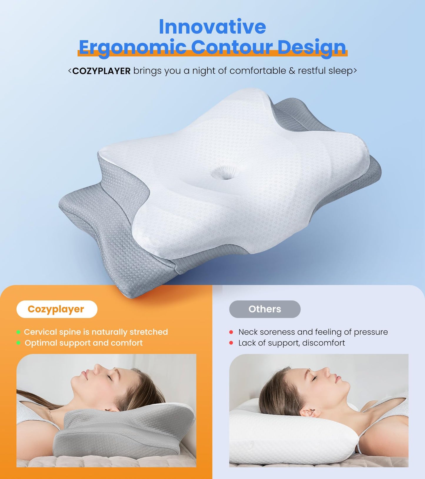 Ultra Pain Relief Cooling Pillow for Neck Support, Adjustable Cervical Pillow Cozy Sleeping, Odorless Ergonomic Contour Memory Foam Pillows, Orthopedic Bed Pillow for Side Back Stomach Sleeper