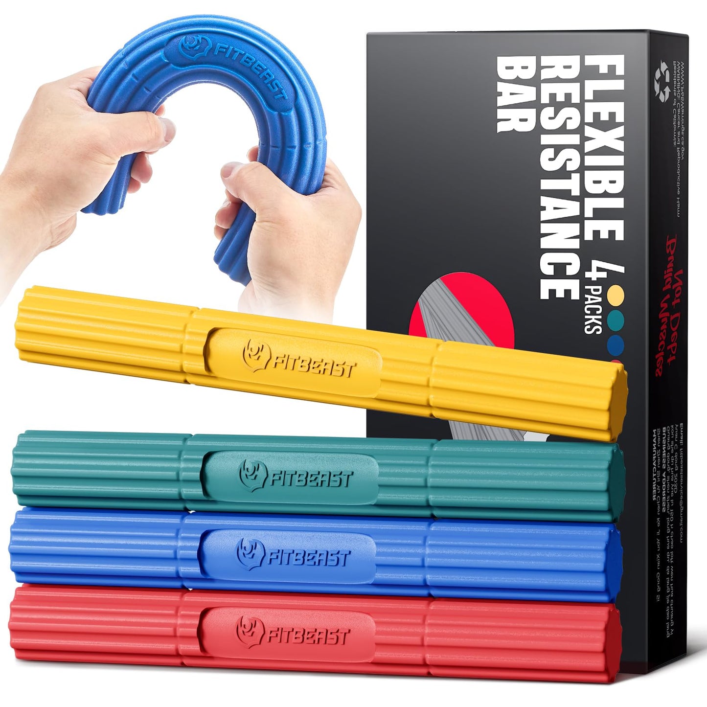 FitBeast Hand Exerciser Bars for Physical Therapy - Relieves Tendonitis Pain & Improve Grip Strength, Injury Recovery, Forearm (4 Piece Set - Yellow Green Blue Red)