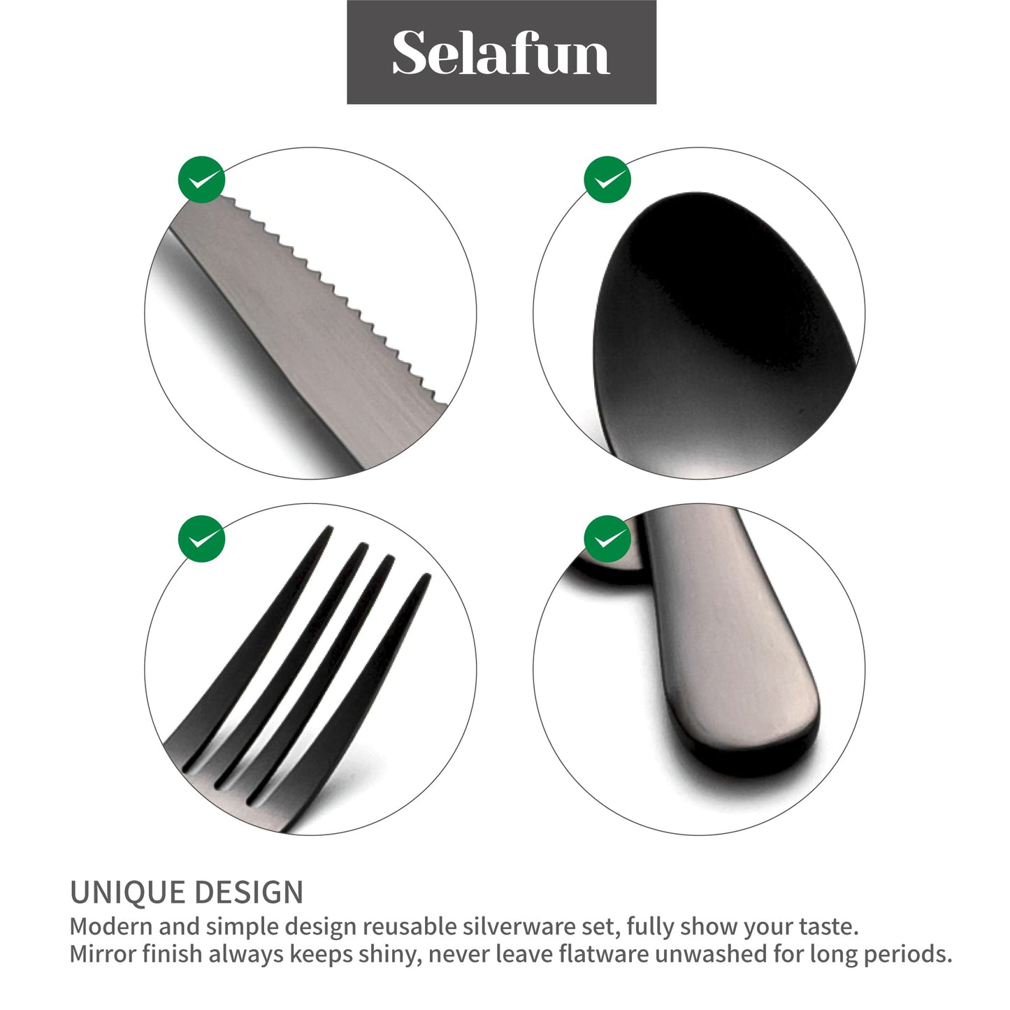 Selafun 4-pieces Travel Set with Case Portable Silverware Utensils Set for work, Stainless Steel Reusable Flatware Set Cutlery Set for Camping Picnic Hiking Office (6.7inch, Matte Black)