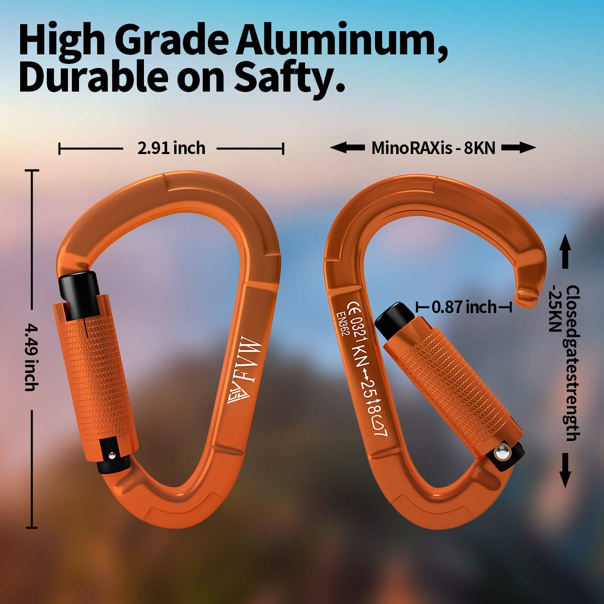 FVW 3 Pieces Heavy Duty Climbing Carabiners, 25KN UIAA Certified Auto Locking Rock Climbing Carabiners Clips for Hammocks, Swing, Locking Dog Leash and Harness, Camping, Hiking & Utility (Orange)