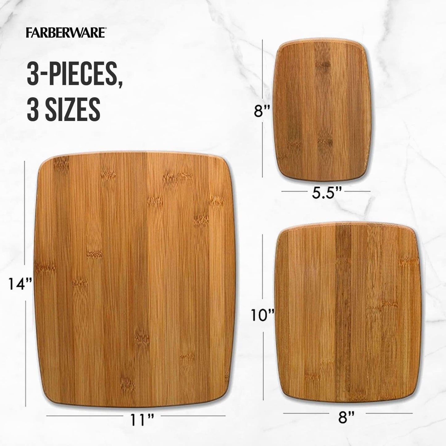 Farberware 3-Piece Kitchen Cutting Board Set, Reversible Chopping Boards for Meal Prep and Serving, Charcuterie Board Set, Wood Cutting Boards, Assorted Sizes, Bamboo