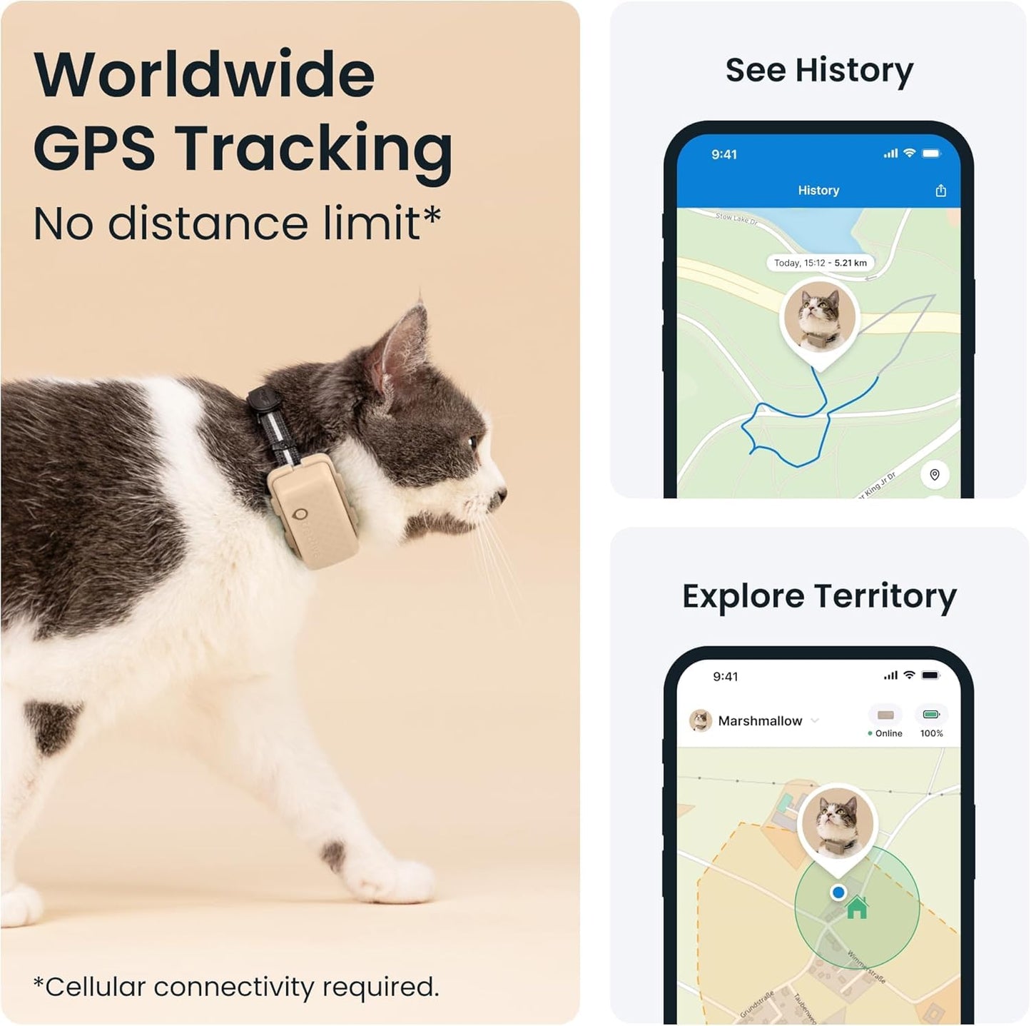 Tractive GPS Tracker & Health Monitoring for Cats (6.5 lbs+) - Market Leading Pet GPS Location Tracker | Wellness & Escape Alerts | Waterproof | Works with Any Collar (Brown)