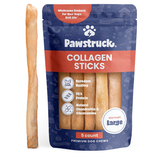 Pawstruck Natural Large 12" Beef Collagen Sticks for Dogs - Healthy Long Lasting Alternative to Traditional Rawhide - High Protein Treats w/Chondroitin & Glucosamine - 5 Count - Packaging May Vary