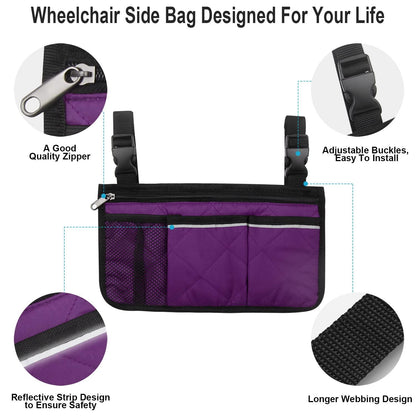 Wheelchair Side Bag, Armrest Storage Pouch with Cup Holder and Reflective Strip for Wheelchairs, Walkers or Rollators (Purple)