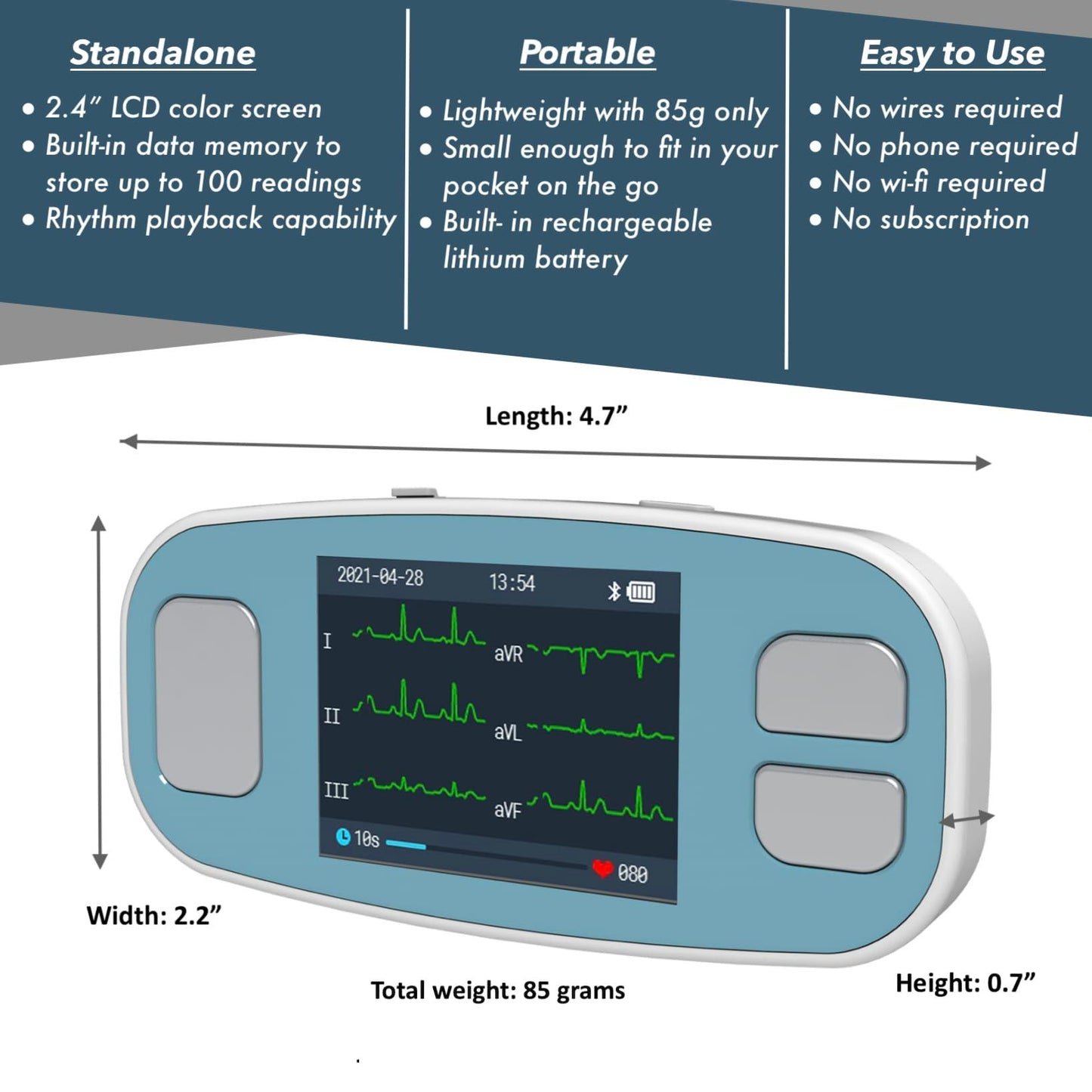 EMAY 6L Portable ECG Monitor | Record ECG and Heart Rate in 6 Channels | Compatible with Smartphone and PC | No Subscription Required