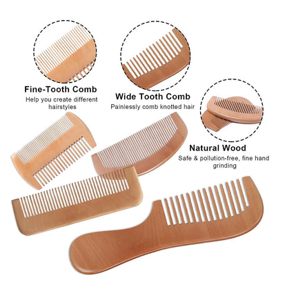 4 Pcs Natural Bamboo Comb Set for Women & Men - Wide Tooth Detangling, Beard & Labor Combs for Curly, Thick, Wavy Hair with Gift Bag