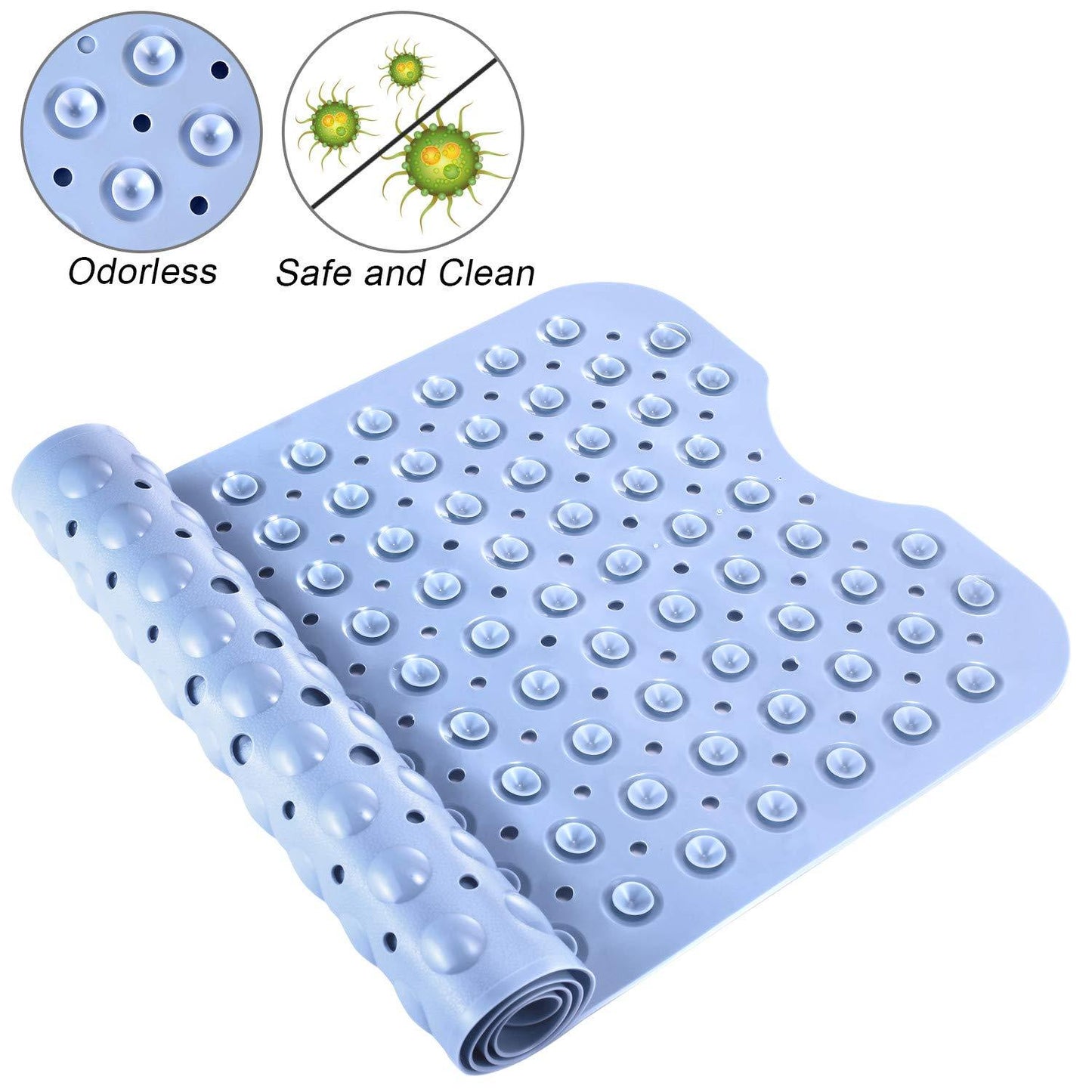 YINENN Bath and Shower Safety Mats 40 x 16 Inch Non-Slip and Extra Large, Bath Floor Mats with Suction Cups, Machine Washable Bathroom Mats with Drain Holes, Light Blue