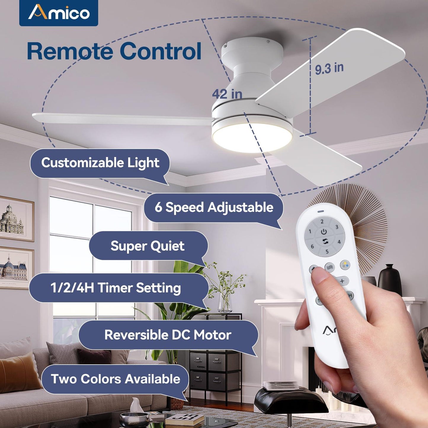 Amico Ceiling Fans with Lights, 42 inch Low Profile Ceiling Fan with Light and Remote Control, Flush Mount, Reversible, 3CCT, Dimmable, Noiseless, White Ceiling Fan for Bedroom, Indoor/Outdoor Use