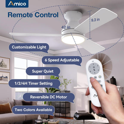 Amico Ceiling Fans with Lights, 42 inch Low Profile Ceiling Fan with Light and Remote Control, Flush Mount, Reversible, 3CCT, Dimmable, Noiseless, White Ceiling Fan for Bedroom, Indoor/Outdoor Use