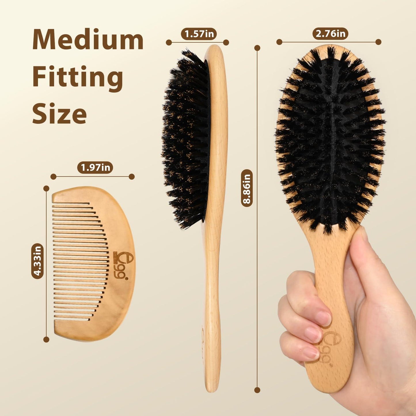 BLACK EGG Boar Bristle Hair Brush for Women Men Kid, Soft Natural Bristles Brush for Thin and Fine Hair, Restore Shine and Texture, Set includes Bamboo comb and 3 hair ties