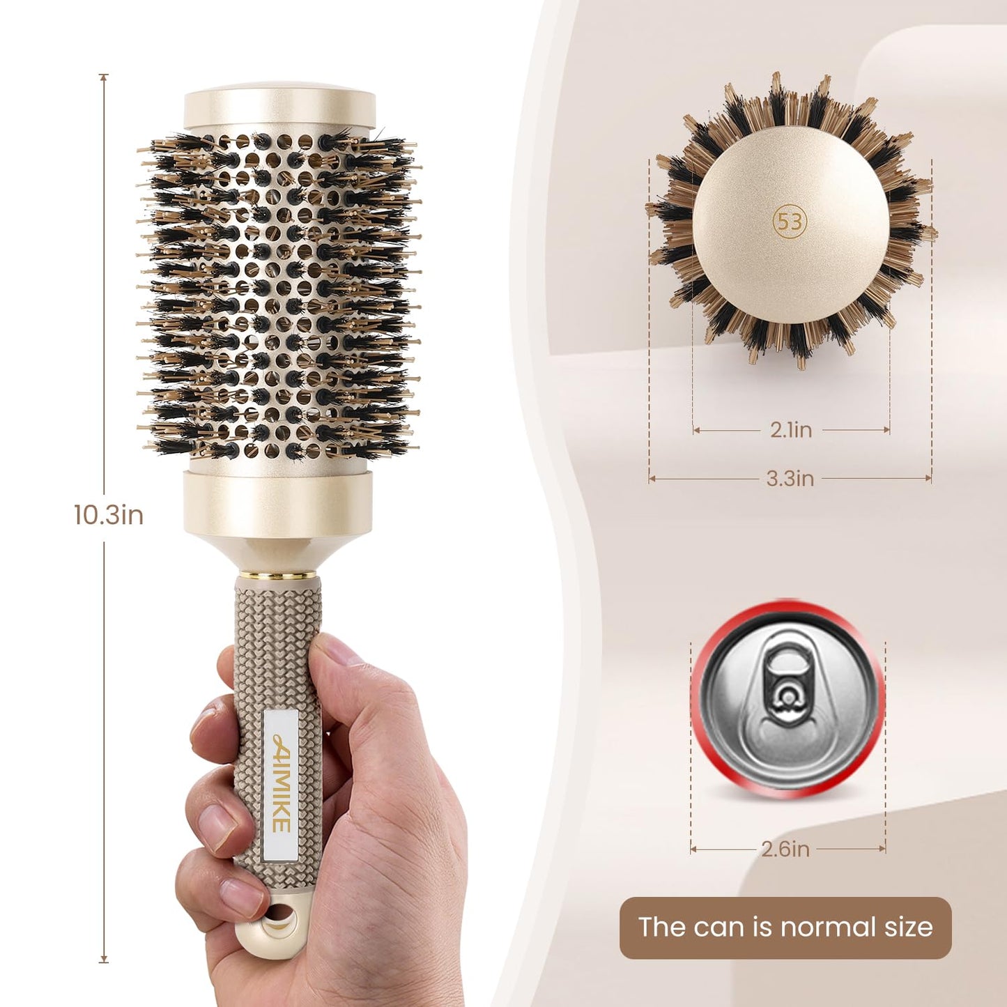 AIMIKE Round Hair Brush, Nano Thermal Ceramic & Ionic Tech, 2.1 Inch Barrel with Boar Bristles for Enhanced Texture, Golden, Hair Drying, Styling, Curling and Shine + 4 Free Clips